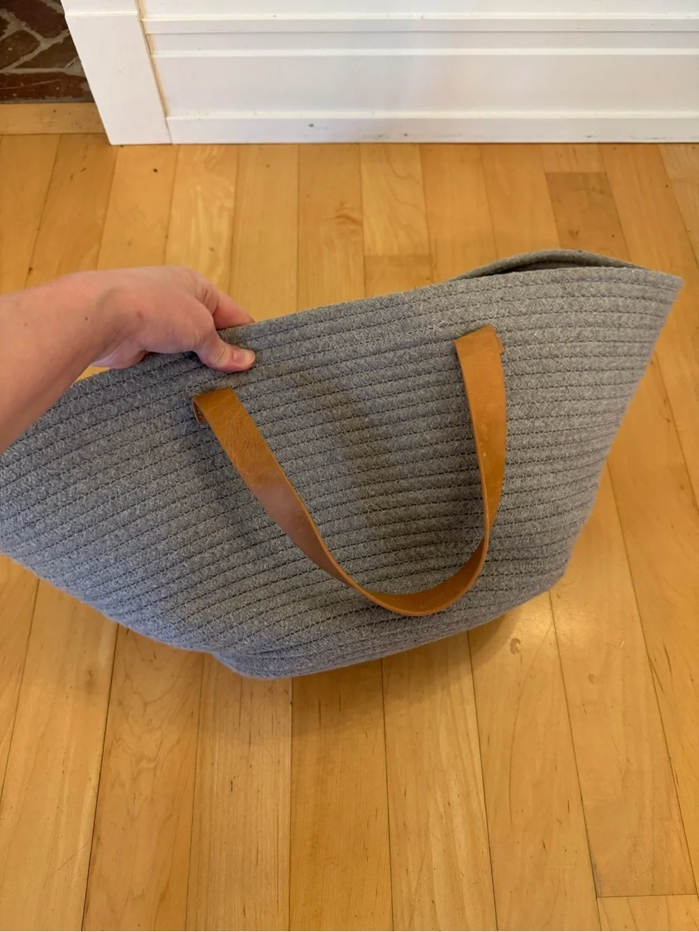 Woven Rope Storage Basket with Leather Handles - Gray